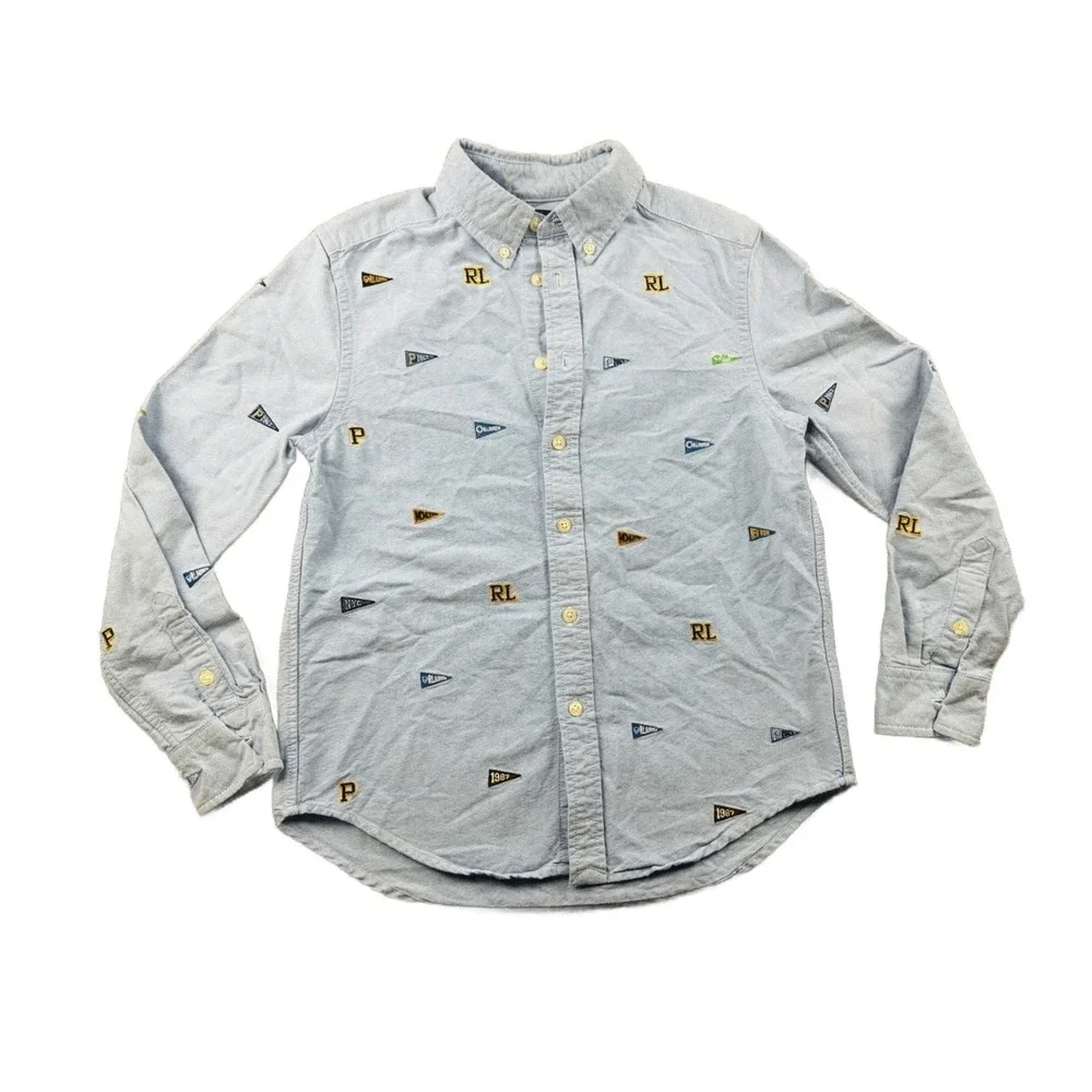 Ralph Lauren Button-Down Shirt Boys M Blue Embroidered Pennant Oxford Preppy